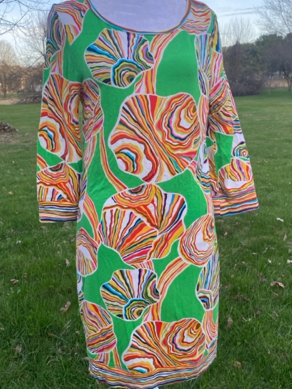 Trina Turk Green Multicolor Swirl Print Long Sleeve Shift Dress
